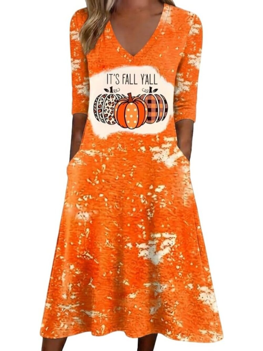 🆕 Women's It's Fall Y'all Orange Tie Dye Dress Pumpkin Graphic V-Neck Pockets